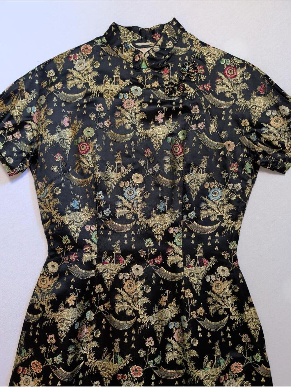 Vintage 50/60's DYNASTY Hong Kong  Black Brocade Cheongsam Floral Dress Size 10 - Picture 5 of 9